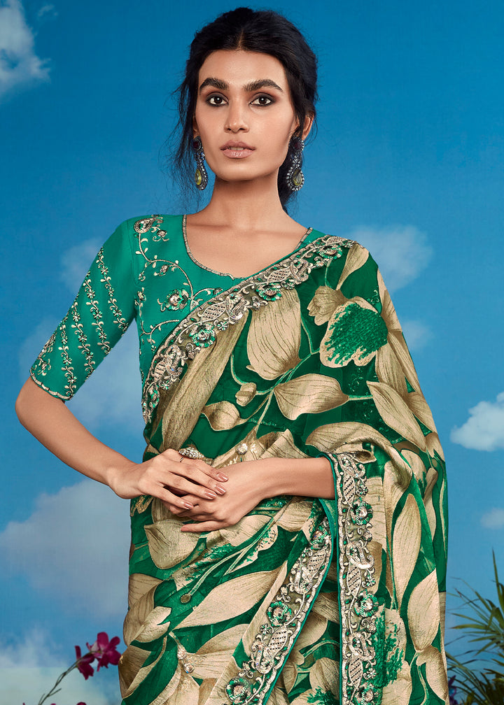Shamrock Green Floral Brasso Silk Saree with Embroidered Border Detailing