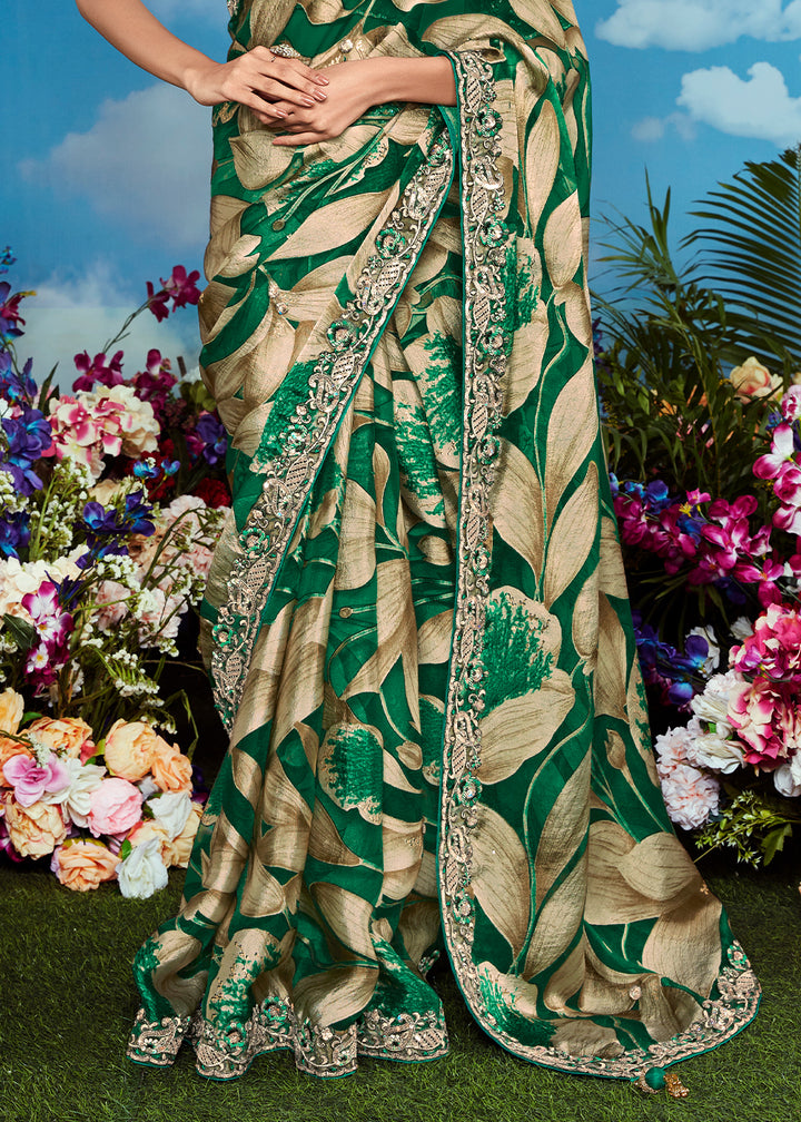 Shamrock Green Floral Brasso Silk Saree with Embroidered Border Detailing