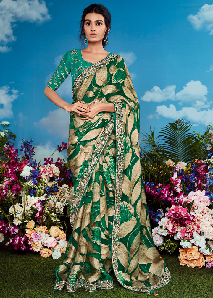 Shamrock Green Floral Brasso Silk Saree with Embroidered Border Detailing