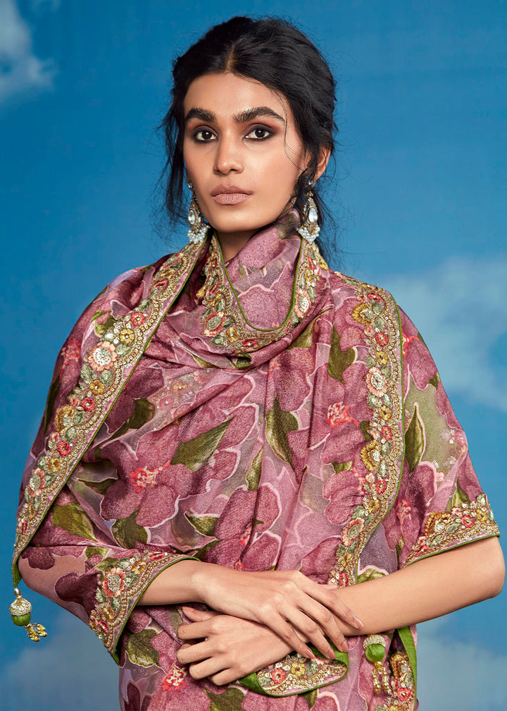 Shades Of Purple Floral Brasso Silk Saree with Embroidered Border Detailing