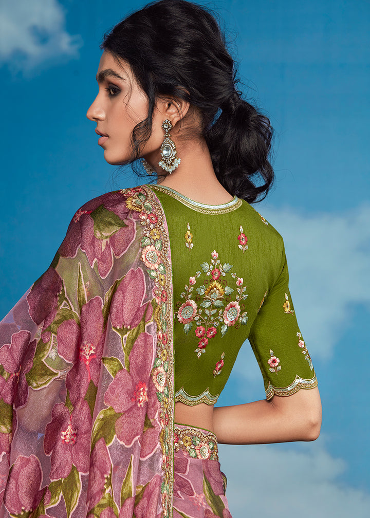 Shades Of Purple Floral Brasso Silk Saree with Embroidered Border Detailing