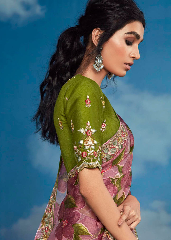 Shades Of Purple Floral Brasso Silk Saree with Embroidered Border Detailing