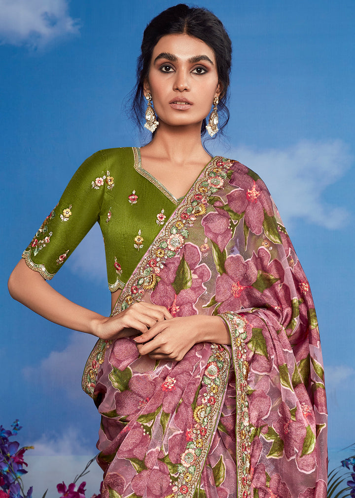 Shades Of Purple Floral Brasso Silk Saree with Embroidered Border Detailing