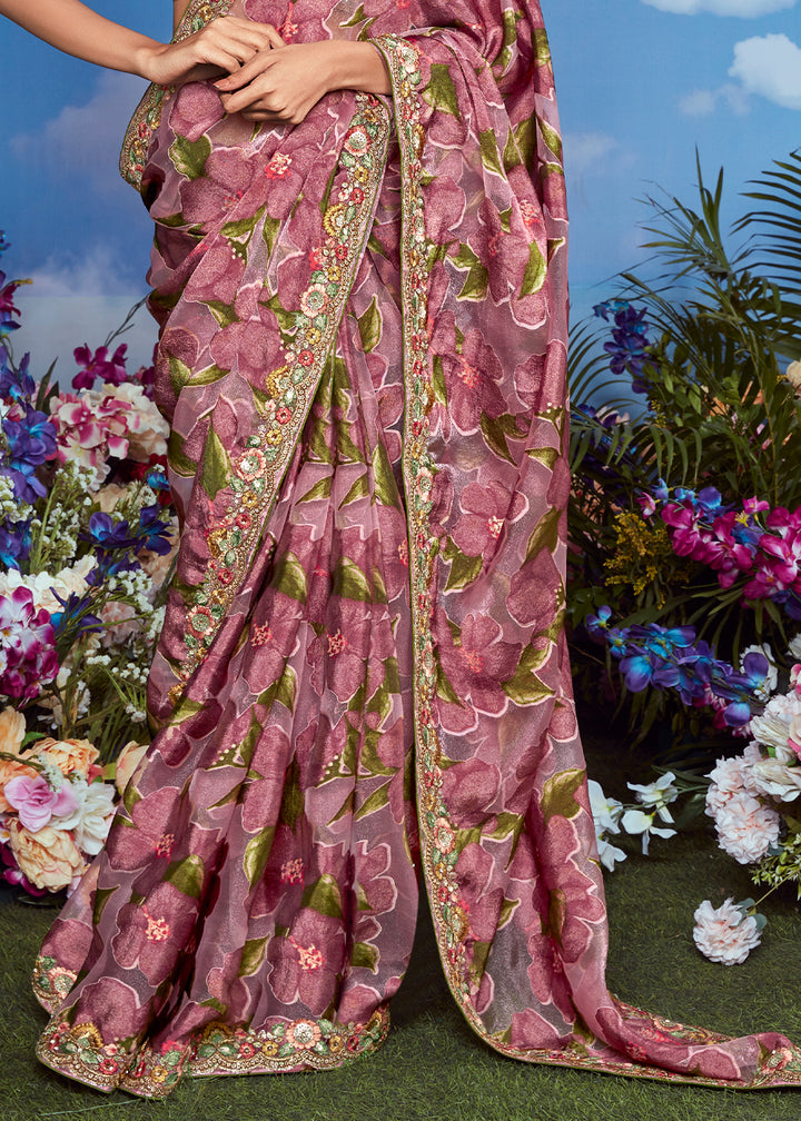 Shades Of Purple Floral Brasso Silk Saree with Embroidered Border Detailing