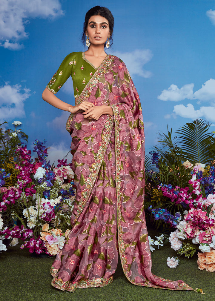 Shades Of Purple Floral Brasso Silk Saree with Embroidered Border Detailing
