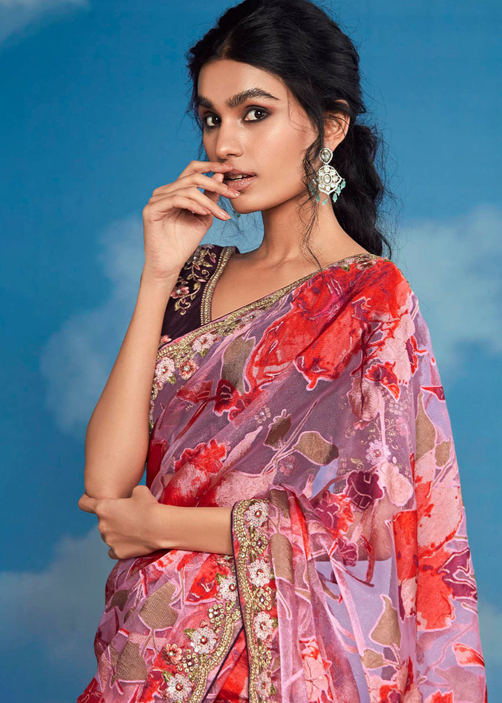 Lilac Purple Floral Brasso Silk Saree with Embroidered Border Detailing