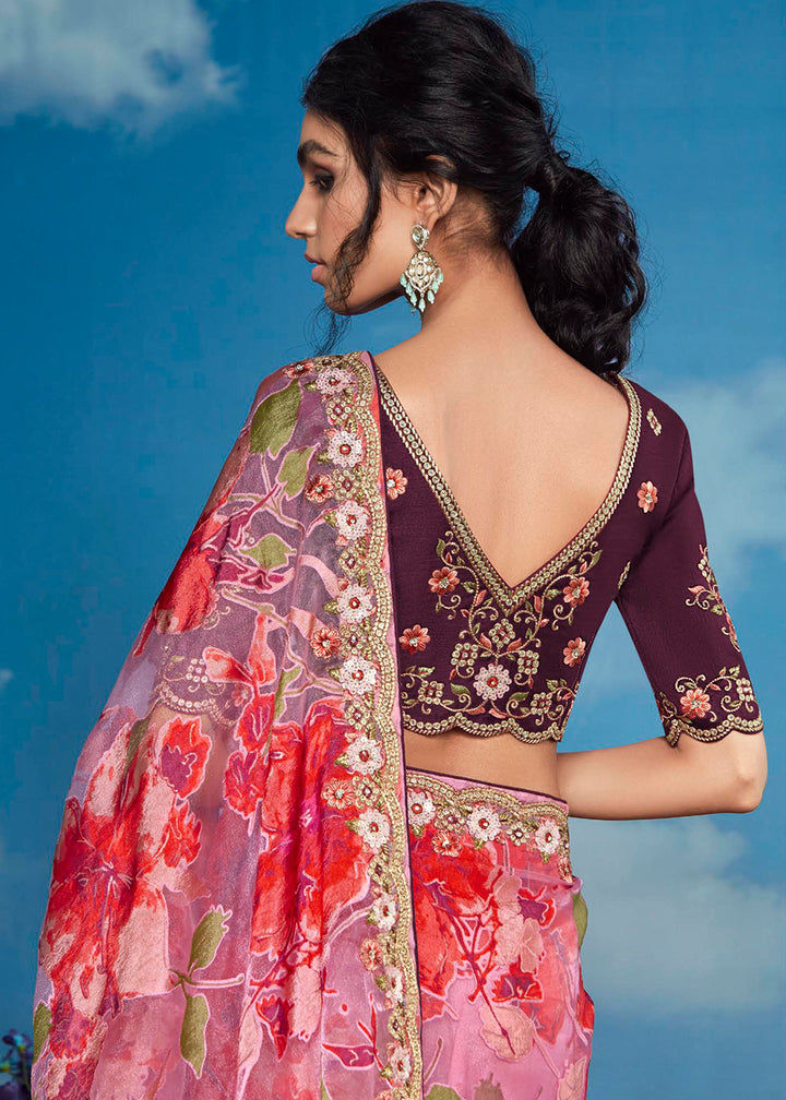 Lilac Purple Floral Brasso Silk Saree with Embroidered Border Detailing
