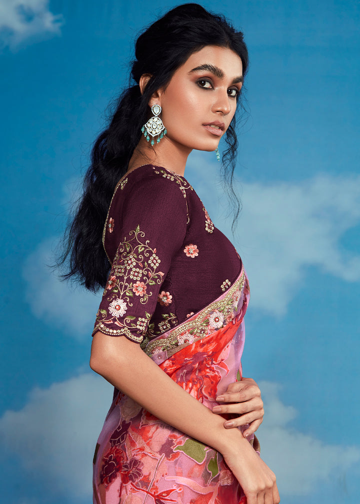 Lilac Purple Floral Brasso Silk Saree with Embroidered Border Detailing