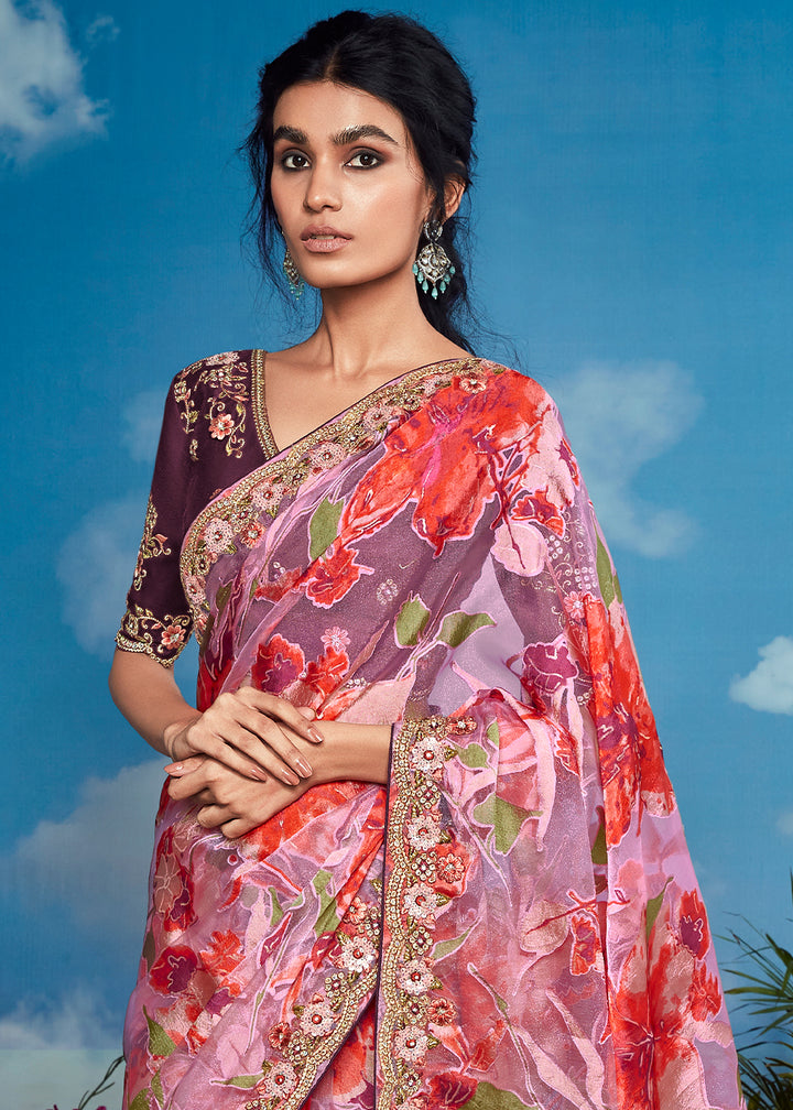 Lilac Purple Floral Brasso Silk Saree with Embroidered Border Detailing