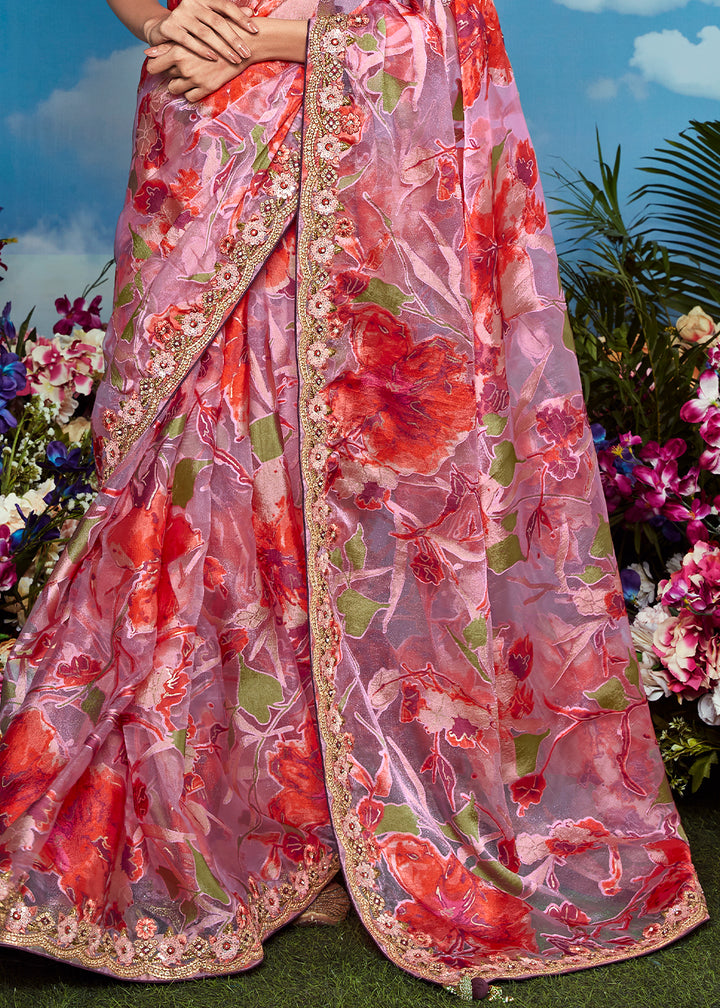 Lilac Purple Floral Brasso Silk Saree with Embroidered Border Detailing