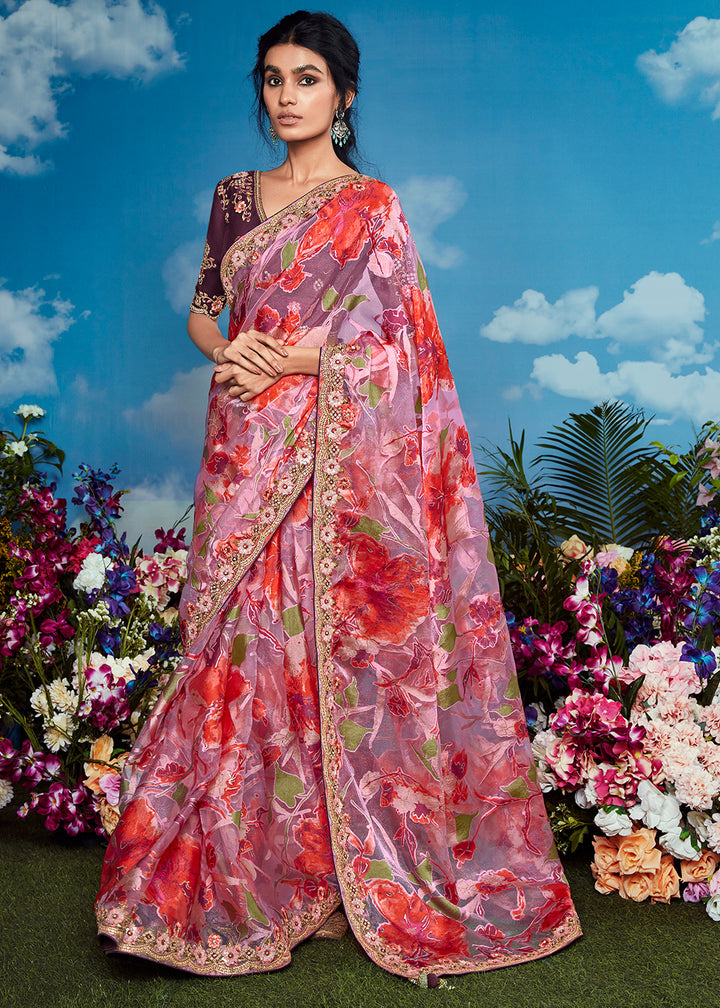 Lilac Purple Floral Brasso Silk Saree with Embroidered Border Detailing