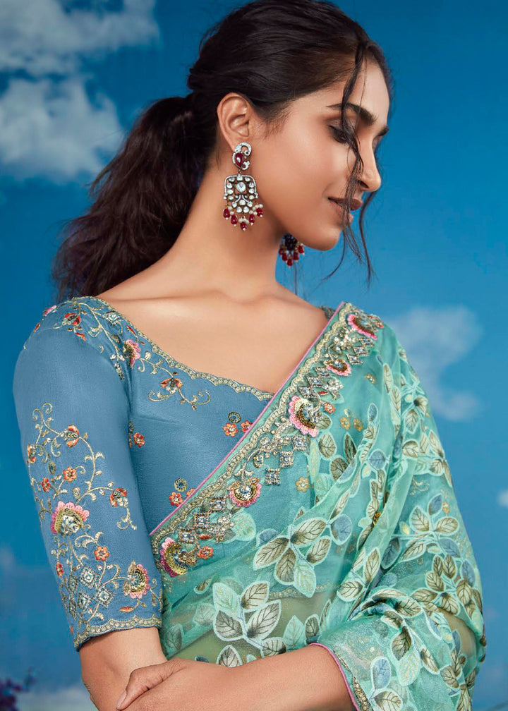 Turquoise Blue Floral Brasso Silk Saree with Embroidered Border Detailing