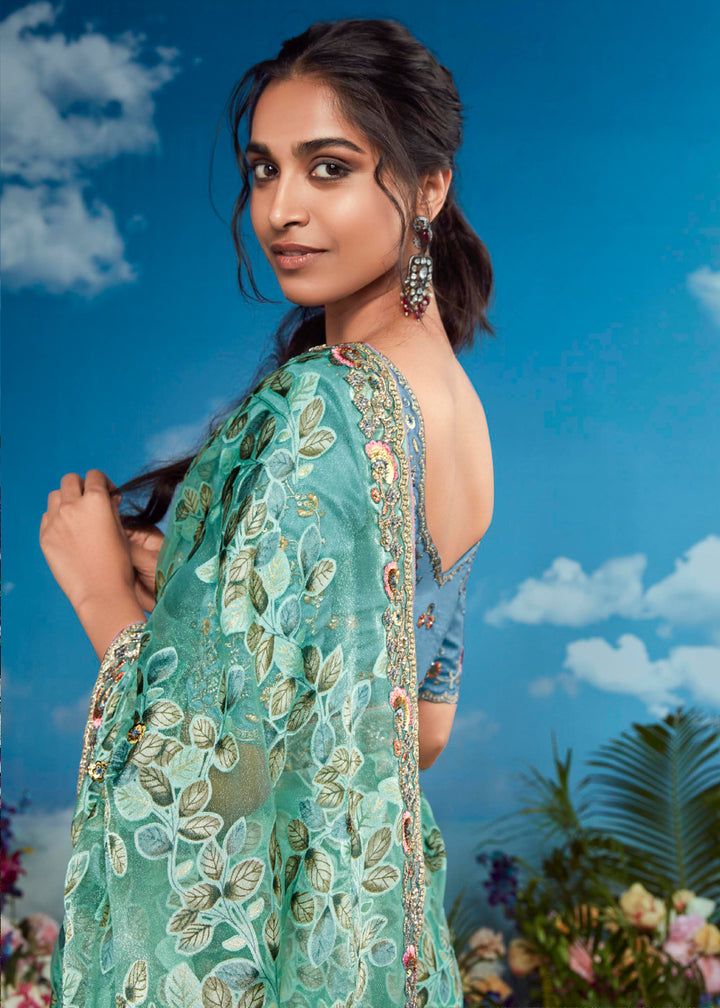 Turquoise Blue Floral Brasso Silk Saree with Embroidered Border Detailing