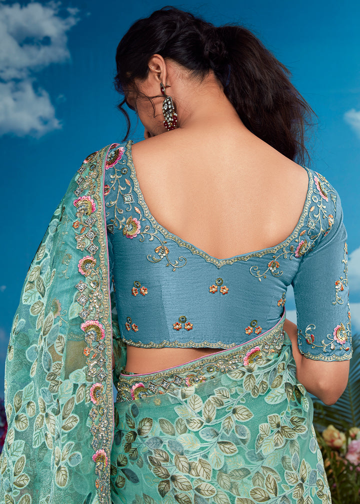 Turquoise Blue Floral Brasso Silk Saree with Embroidered Border Detailing