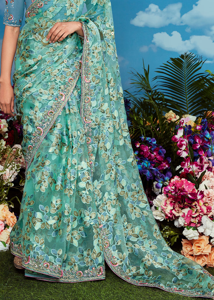 Turquoise Blue Floral Brasso Silk Saree with Embroidered Border Detailing