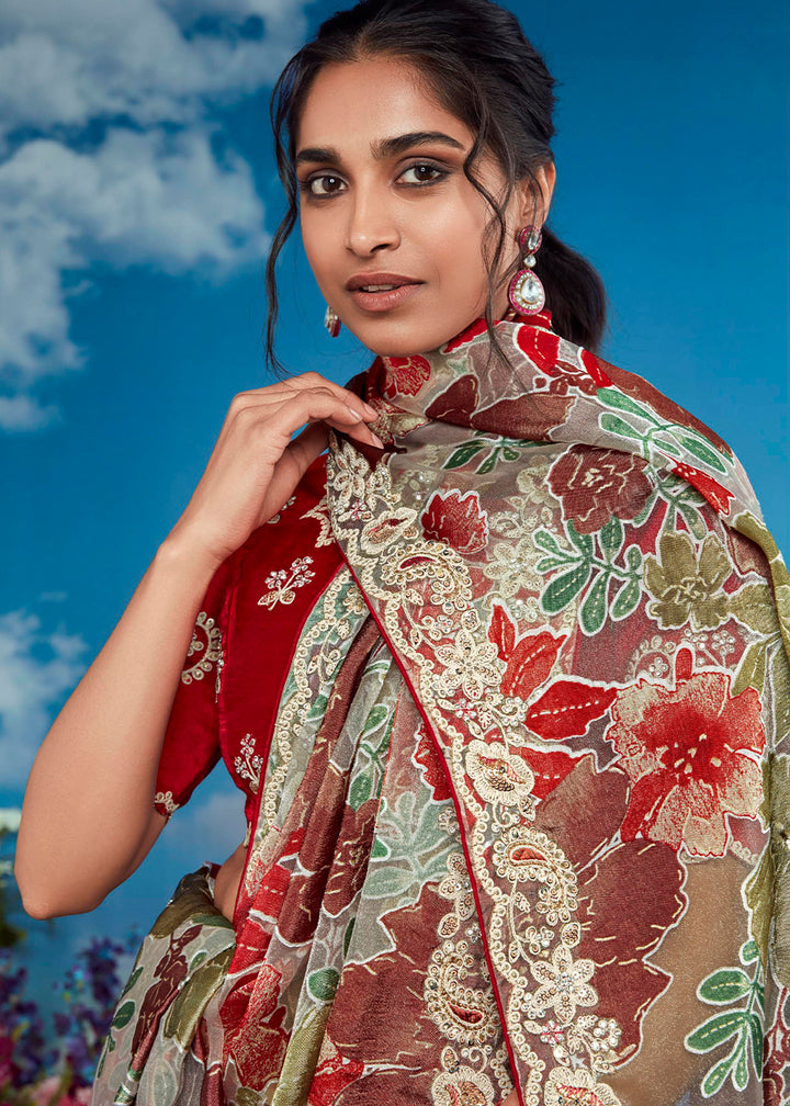 Green & Red Floral Brasso Silk Saree with Embroidered Border Detailing