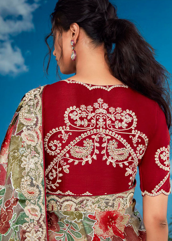 Green & Red Floral Brasso Silk Saree with Embroidered Border Detailing