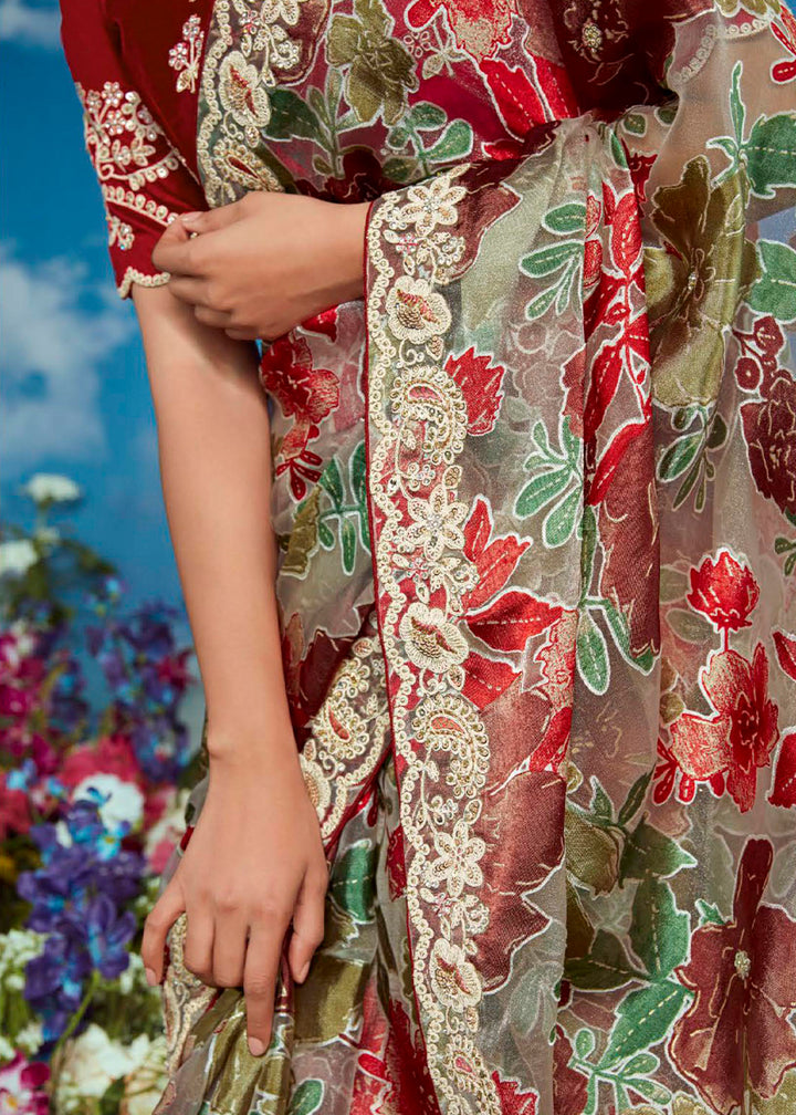 Green & Red Floral Brasso Silk Saree with Embroidered Border Detailing