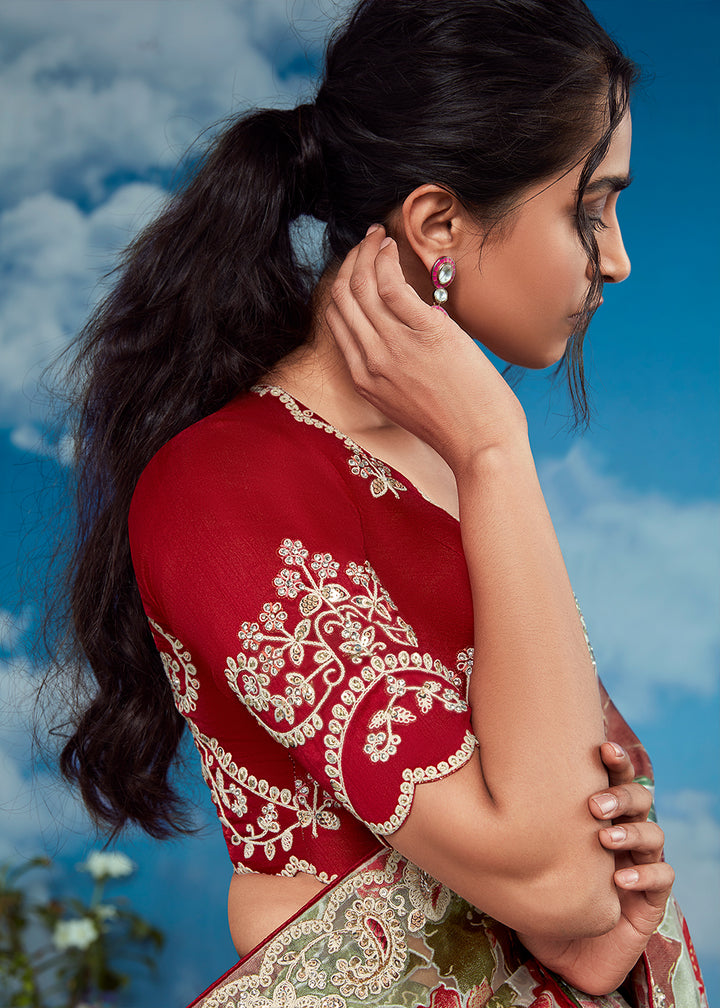 Green & Red Floral Brasso Silk Saree with Embroidered Border Detailing