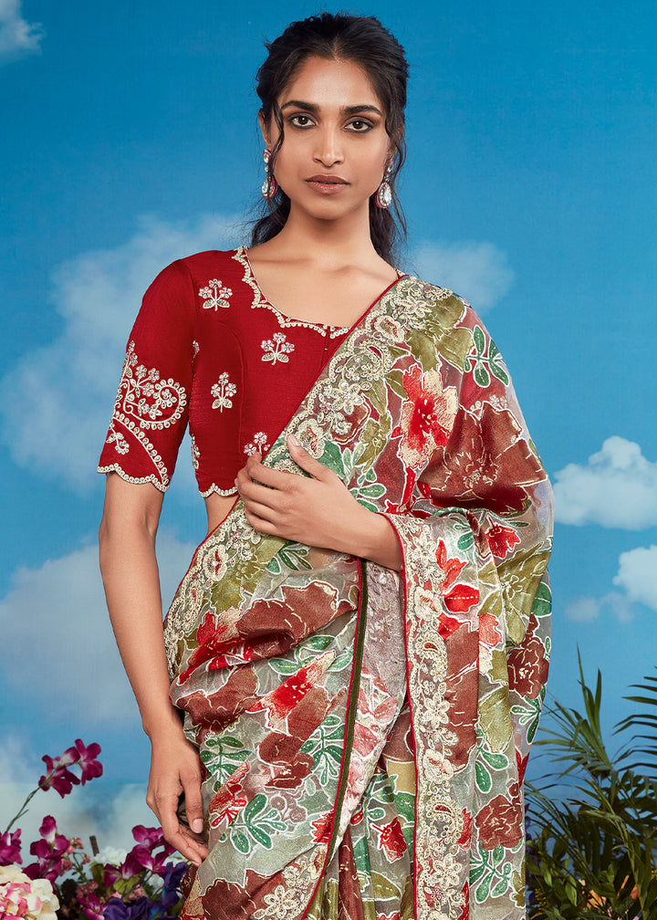 Green & Red Floral Brasso Silk Saree with Embroidered Border Detailing