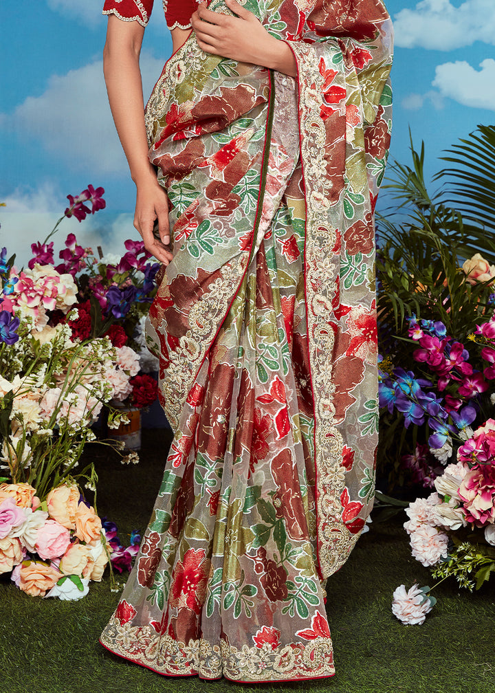 Green & Red Floral Brasso Silk Saree with Embroidered Border Detailing