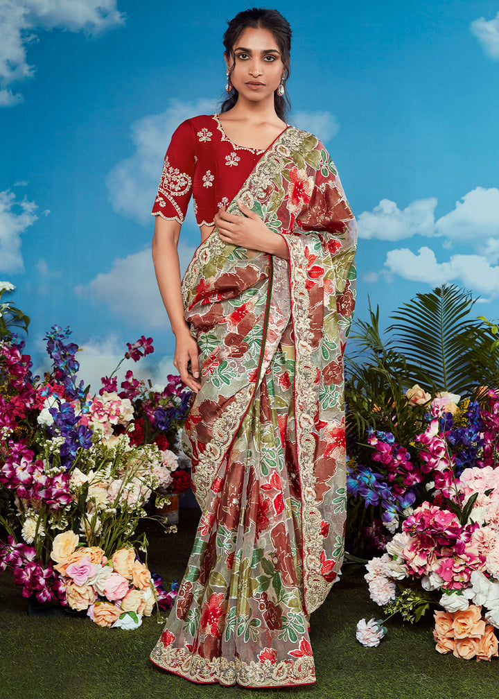 Green & Red Floral Brasso Silk Saree with Embroidered Border Detailing