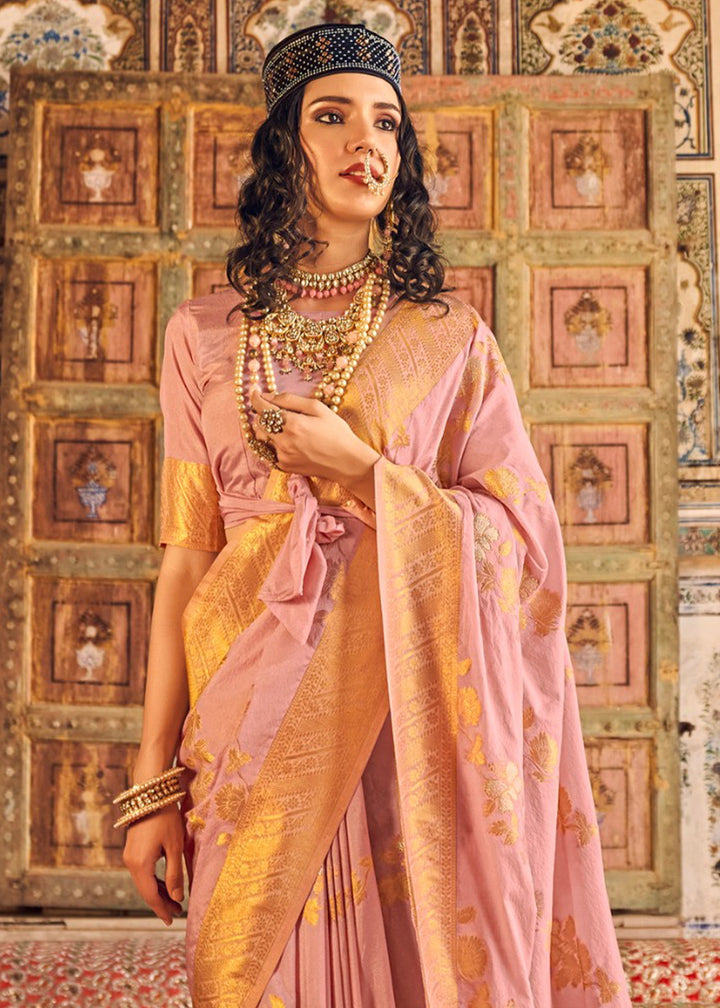 Taffy Pink Silk Saree Featuring Zari Weaving
