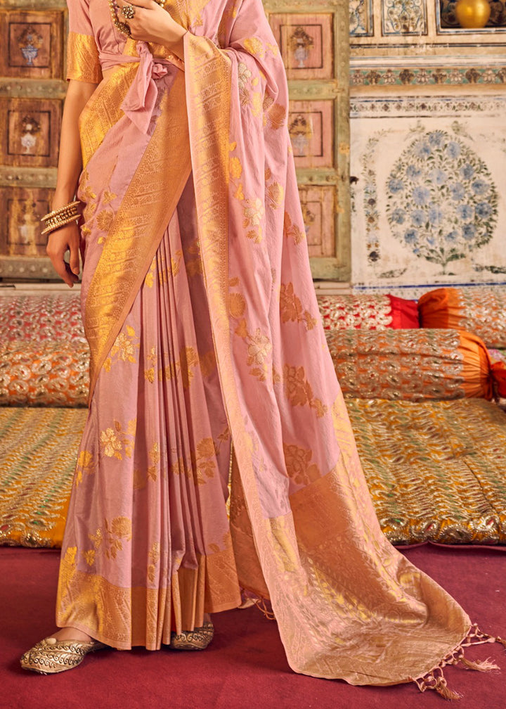 Taffy Pink Silk Saree Featuring Zari Weaving