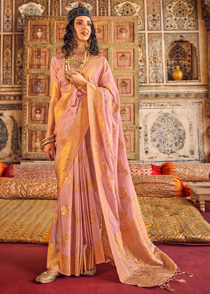 Taffy Pink Silk Saree Featuring Zari Weaving