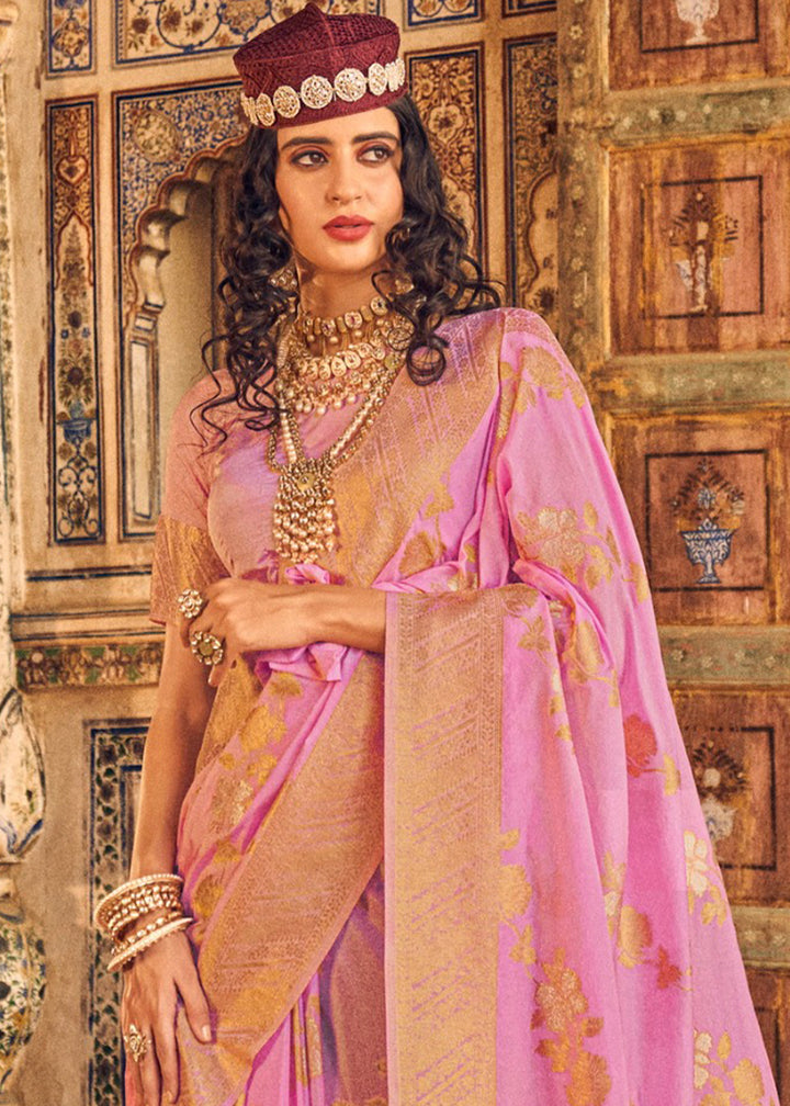 Neon Pink Silk Saree Featuring Zari Weaving