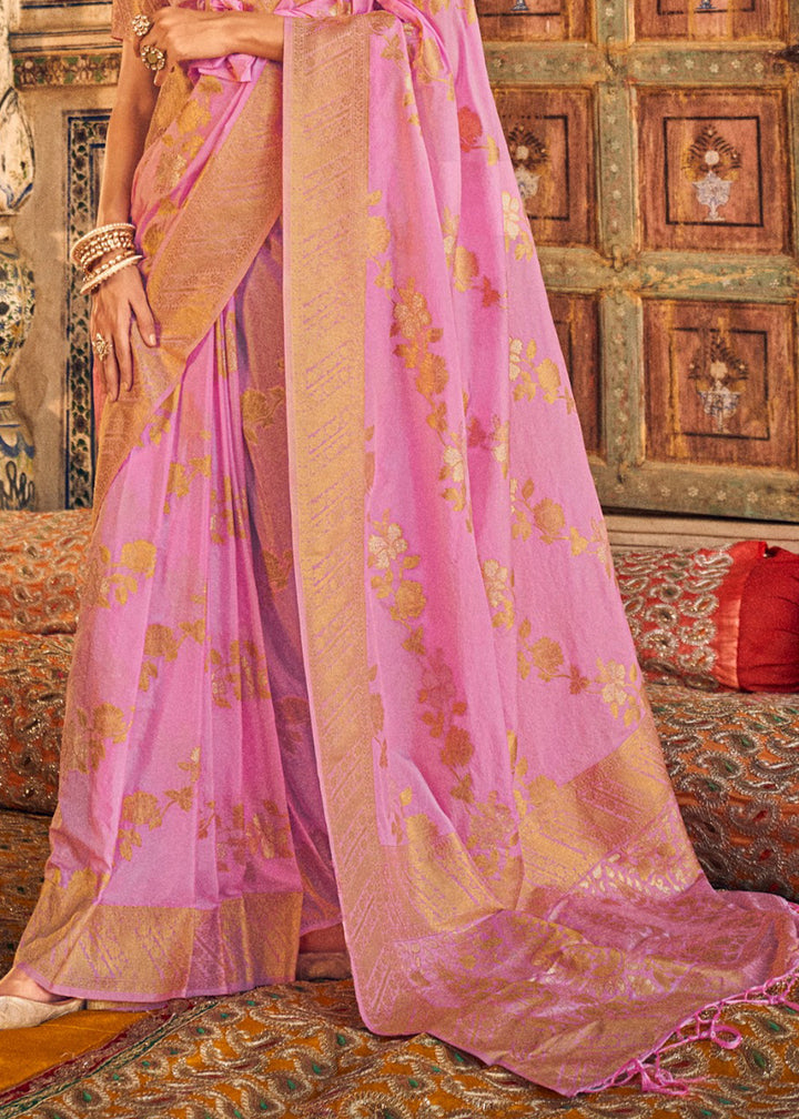 Neon Pink Silk Saree Featuring Zari Weaving