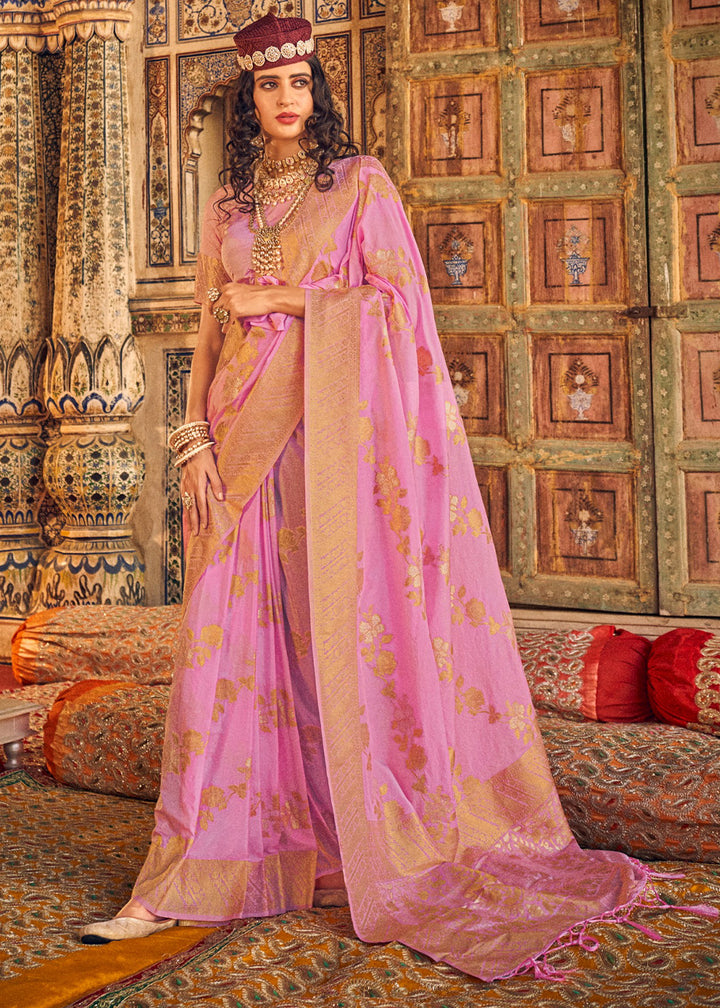 Neon Pink Silk Saree Featuring Zari Weaving