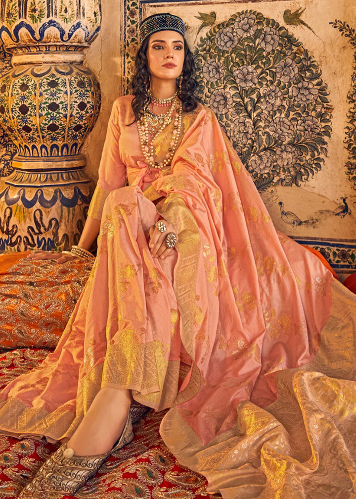 Coral Orange Silk Saree Featuring Zari Weaving