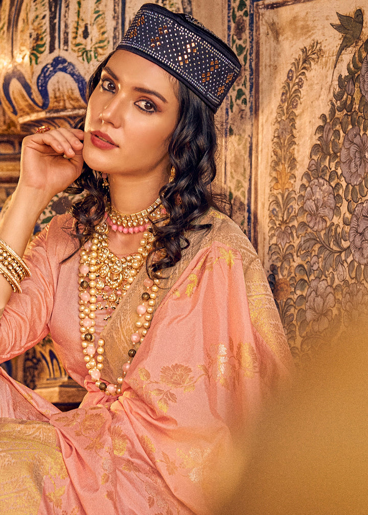 Coral Orange Silk Saree Featuring Zari Weaving