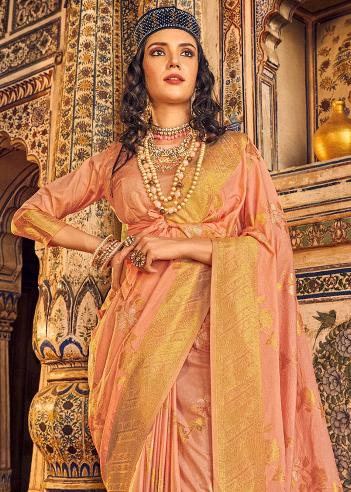 Coral Orange Silk Saree Featuring Zari Weaving