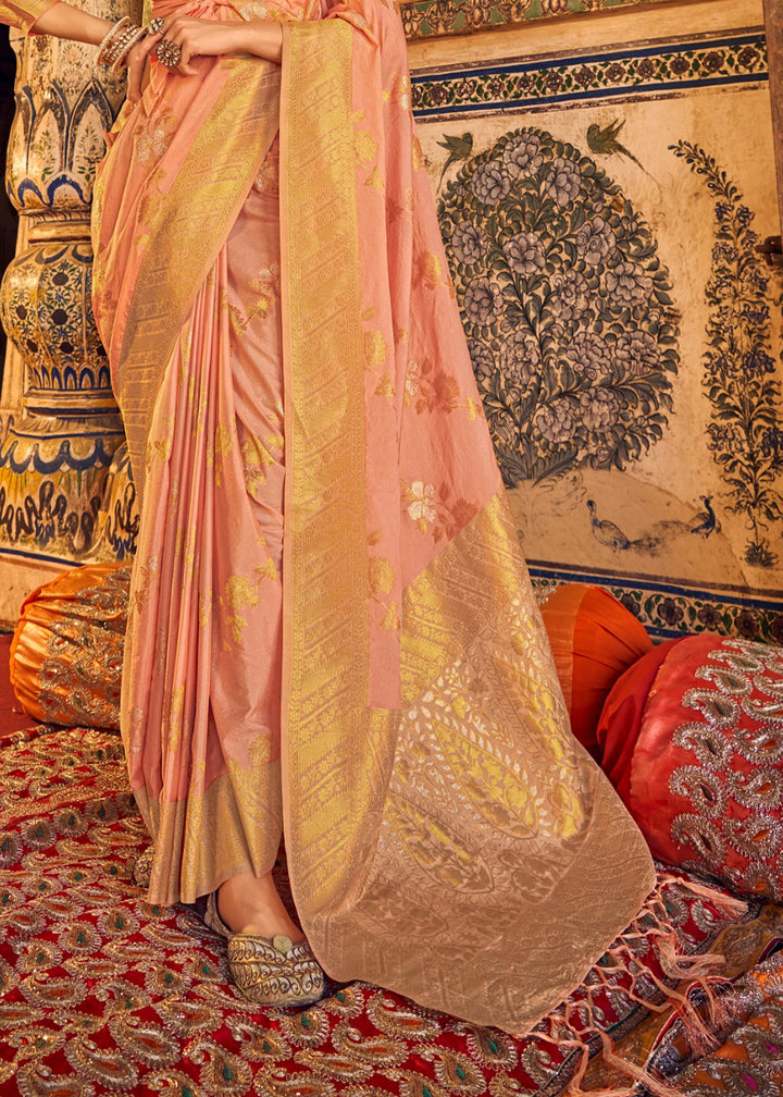Coral Orange Silk Saree Featuring Zari Weaving