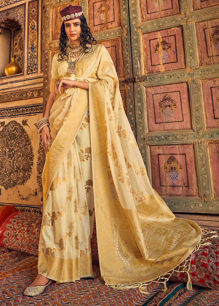 Cream White Silk Saree Featuring Zari Weaving