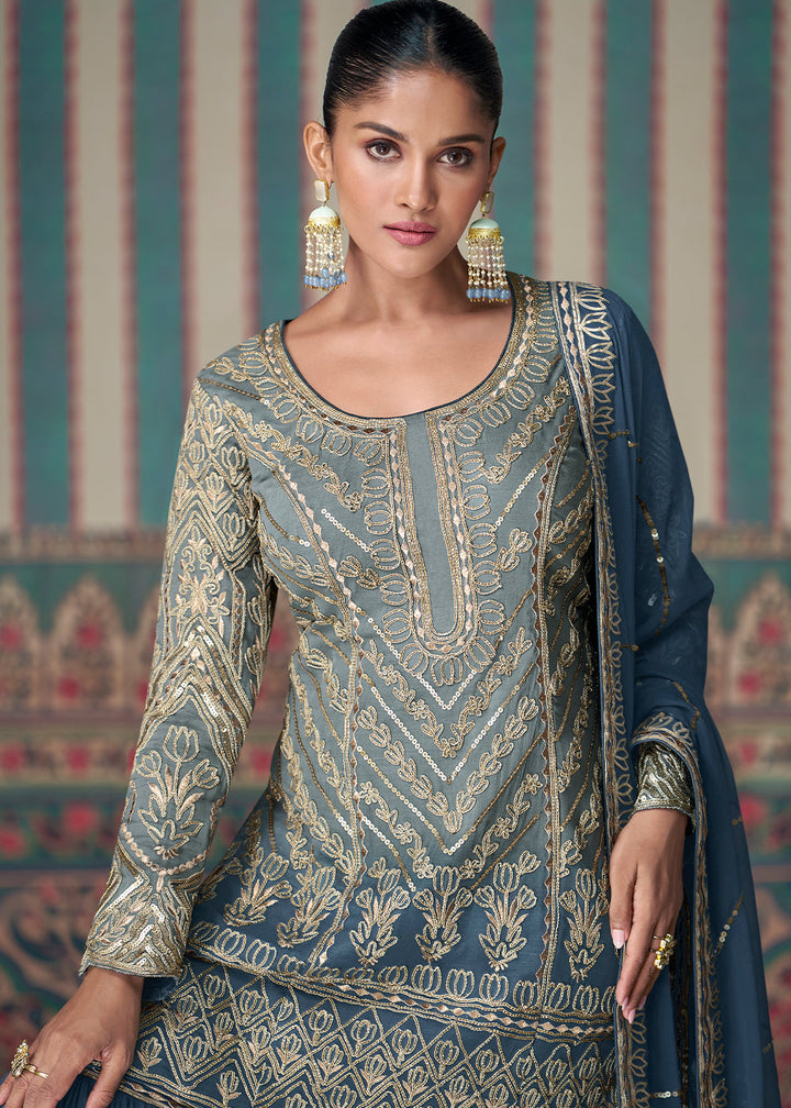 Shades Of Blue Embroidered Georgette Top & Gharara Set