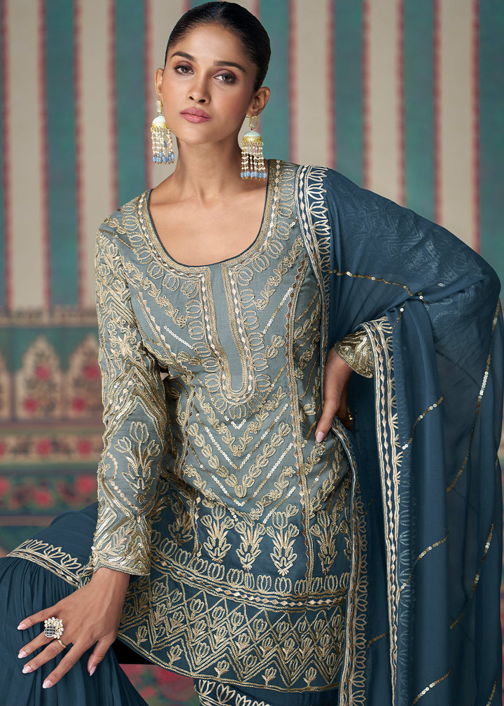 Shades Of Blue Embroidered Georgette Top & Gharara Set