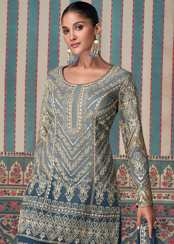 Shades Of Blue Embroidered Georgette Top & Gharara Set