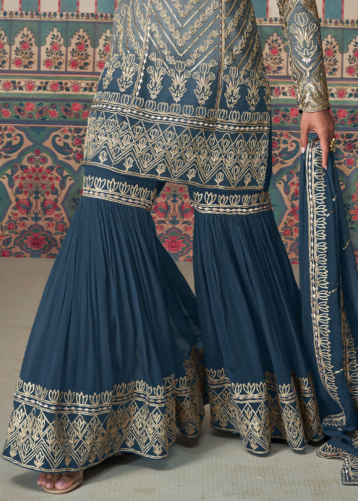 Shades Of Blue Embroidered Georgette Top & Gharara Set