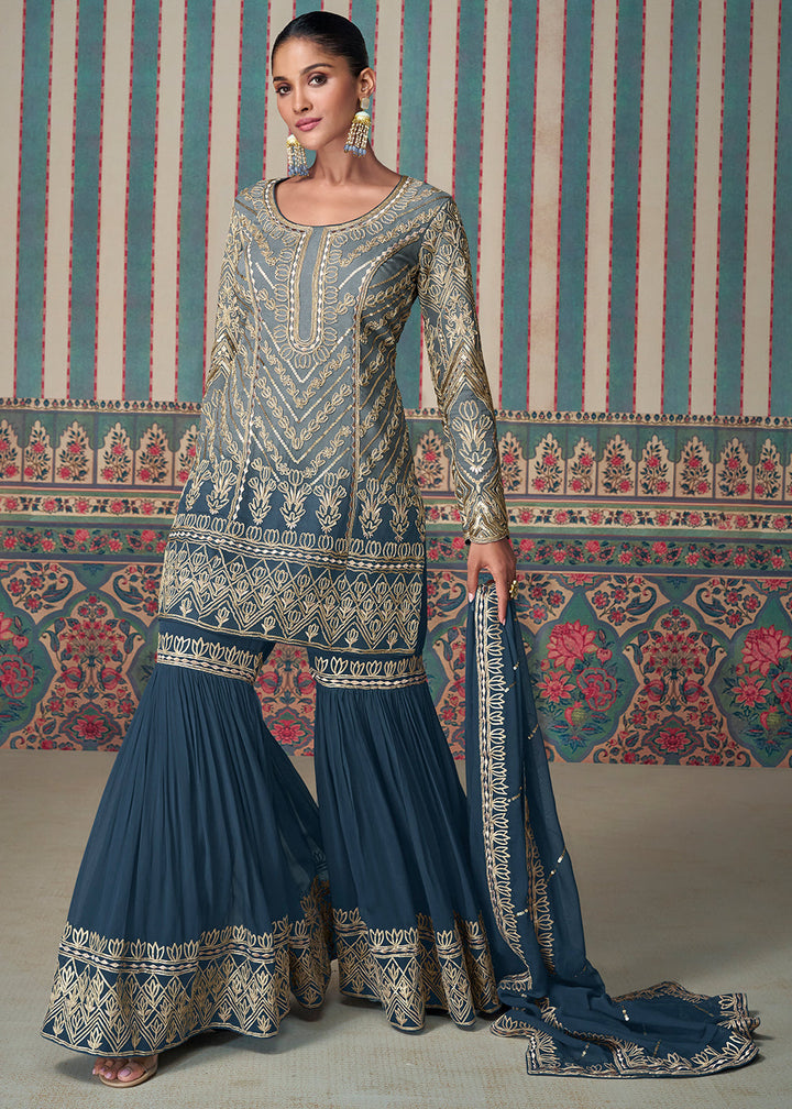 Shades Of Blue Embroidered Georgette Top & Gharara Set