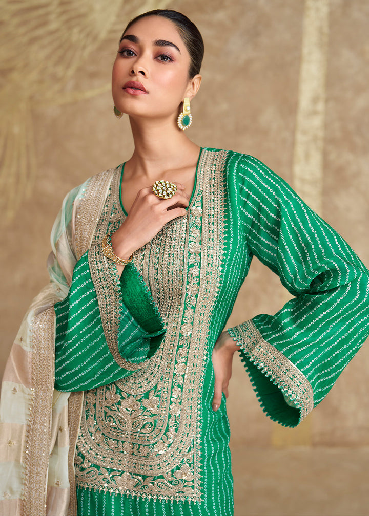 Jade Green Chinon Silk Gharara Set with Elegant Embroidery
