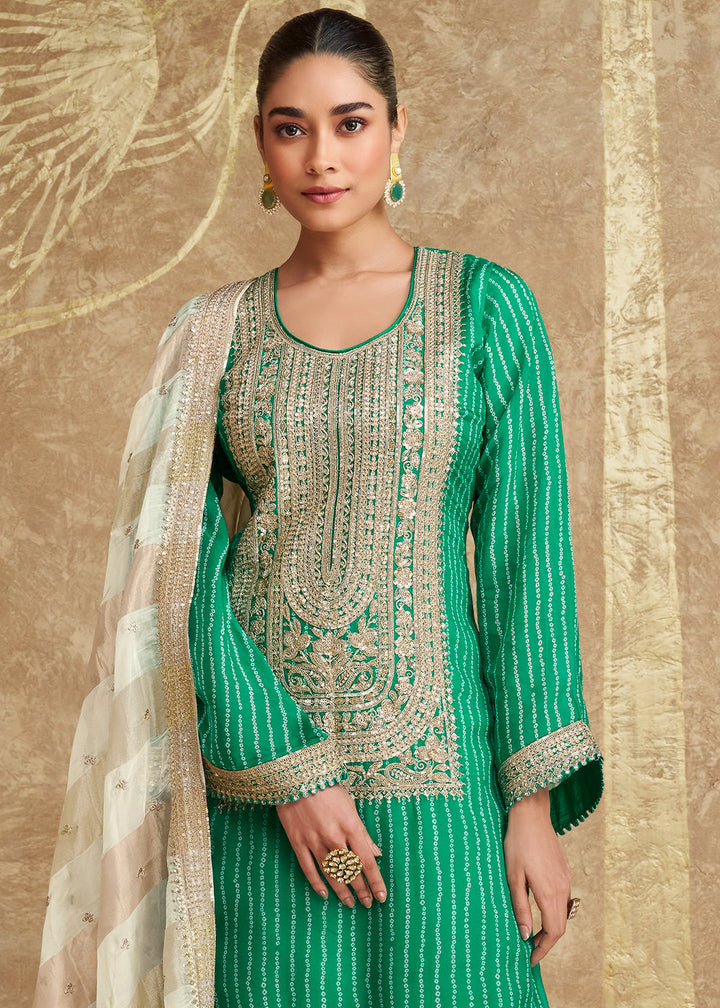 Jade Green Chinon Silk Gharara Set with Elegant Embroidery