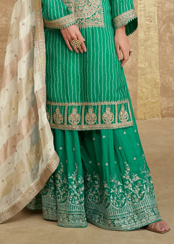 Jade Green Chinon Silk Gharara Set with Elegant Embroidery
