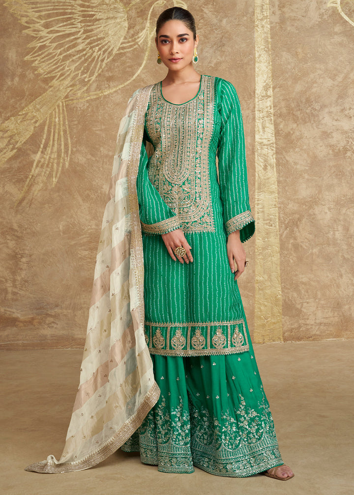Jade Green Chinon Silk Gharara Set with Elegant Embroidery