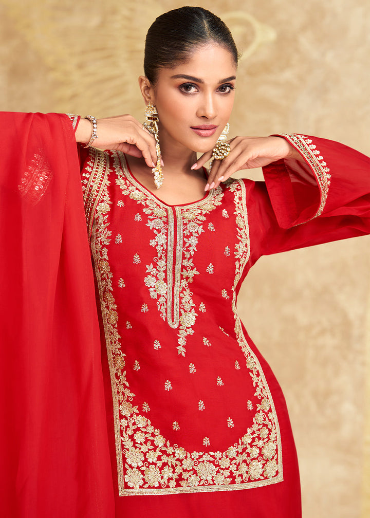 Scarlet Red and White Chinon Silk Gharara Set with Elegant Embroidery