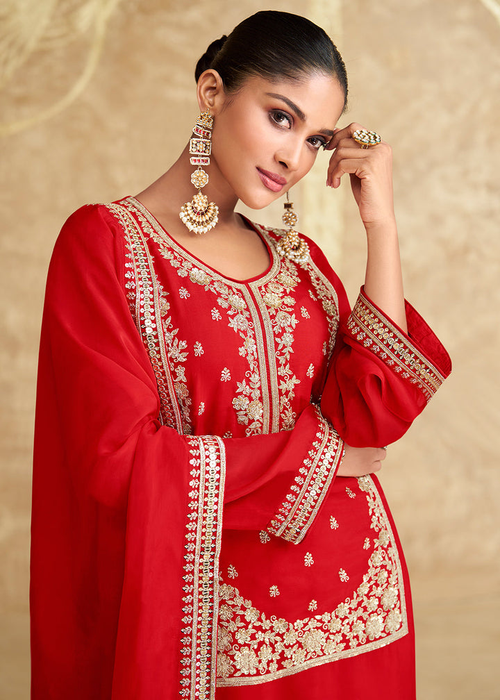 Scarlet Red and White Chinon Silk Gharara Set with Elegant Embroidery