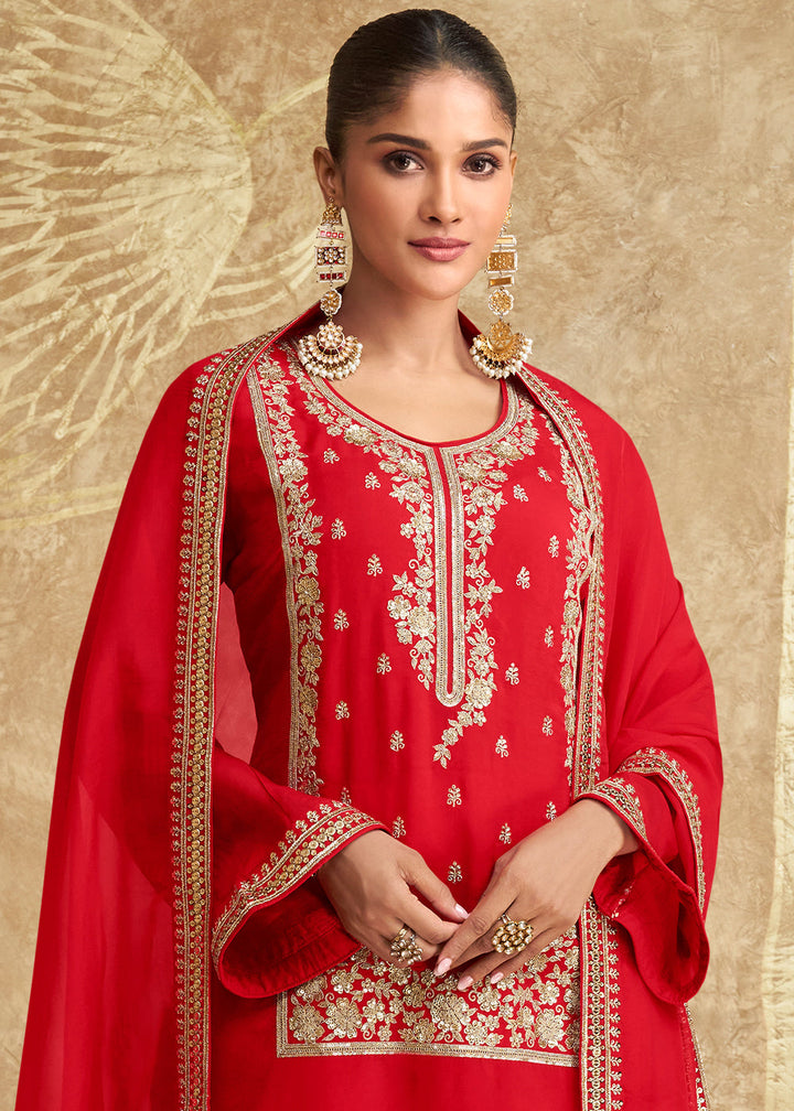Scarlet Red and White Chinon Silk Gharara Set with Elegant Embroidery