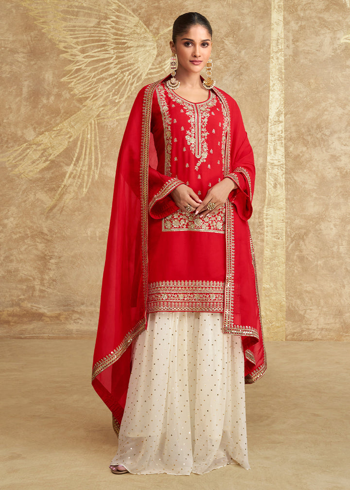 Scarlet Red and White Chinon Silk Gharara Set with Elegant Embroidery
